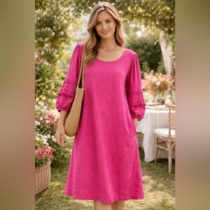 Chico’s Hot Pink Linen Puff Sleeve Pocket Boho Dress Garden Party Vacation XL